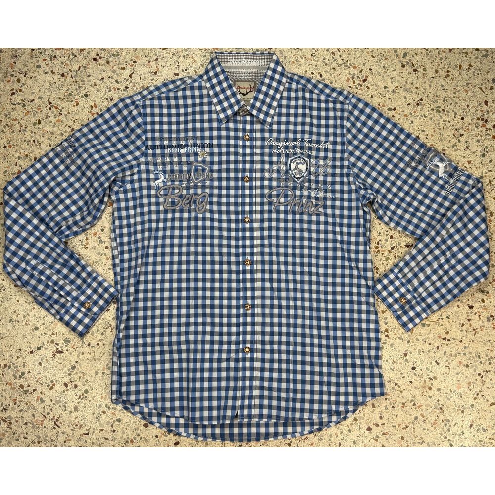StockerPoint Men's Embroidered Check Pattern Button Up Long Sleeve Shirt Size‎ L
